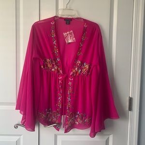 Boston Proper Bell Sleeved Embroidered/Beaded Sheer Tie Front Cover Up